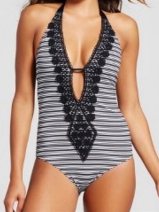 Massimo Other - MASSIMO Deep V-Neckline Plunge One Piece Black White Bathing Suit Size Large
